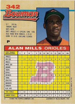 1992 Bowman #342 Alan Mills Back