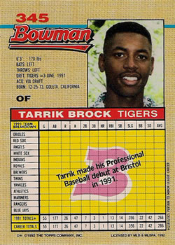 1992 Bowman #345 Tarrik Brock Back