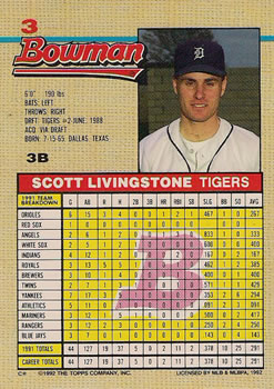 1992 Bowman #3 Scott Livingstone Back