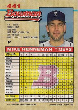 1992 Bowman #441 Mike Henneman Back