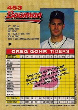1992 Bowman #453 Greg Gohr Back