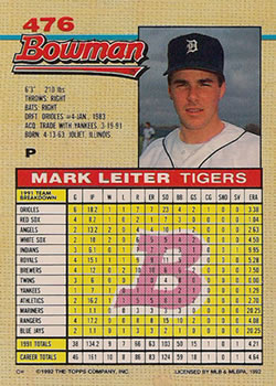 1992 Bowman #476 Mark Leiter Back