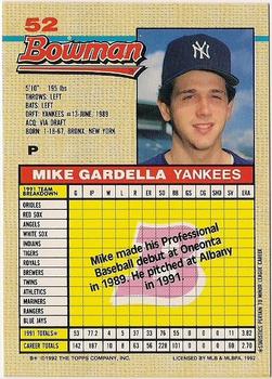 1992 Bowman #52 Mike Gardella Back