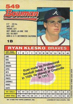 1992 Bowman #549 Ryan Klesko Back