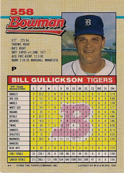 1992 Bowman #558 Bill Gullickson Back