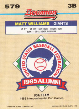1992 Bowman #579 Matt Williams Back
