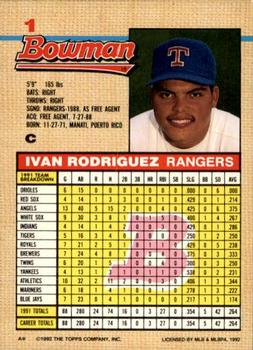 1992 Bowman #1 Ivan Rodriguez Back