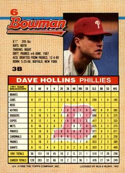 1992 Bowman #6 Dave Hollins Back
