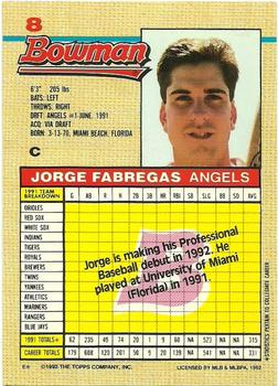 1992 Bowman #8 Jorge Fabregas Back