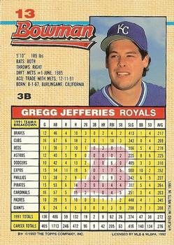 1992 Bowman #13 Gregg Jefferies Back