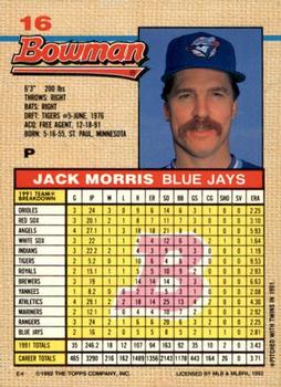 1992 Bowman #16 Jack Morris Back