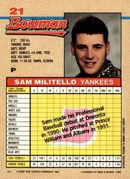 1992 Bowman #21 Sam Militello Back
