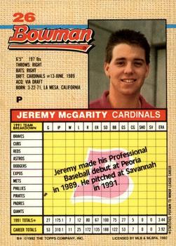 1992 Bowman #26 Jeremy McGarity Back