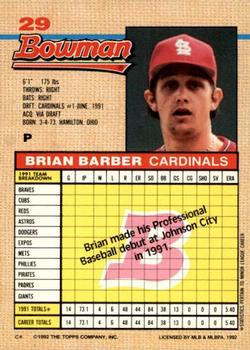 1992 Bowman #29 Brian Barber Back