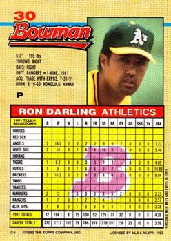 1992 Bowman #30 Ron Darling Back