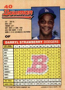 1992 Bowman #40 Darryl Strawberry Back