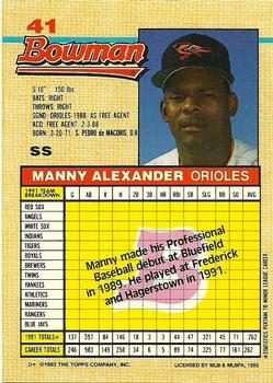 1992 Bowman #41 Manny Alexander Back