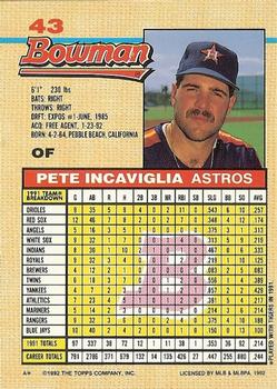1992 Bowman #43 Pete Incaviglia Back