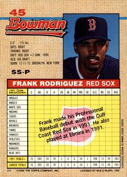 1992 Bowman #45 Frank Rodriguez Back