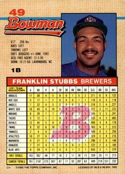 1992 Bowman #49 Franklin Stubbs Back