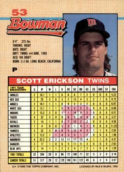 1992 Bowman #53 Scott Erickson Back