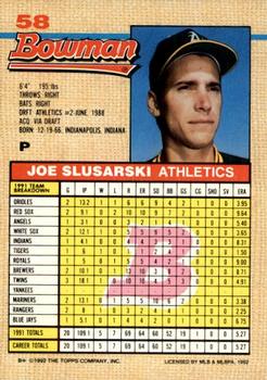 1992 Bowman #58 Joe Slusarski Back