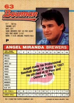 1992 Bowman #63 Angel Miranda Back