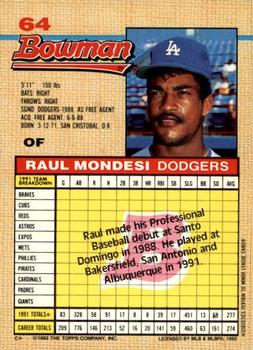 1992 Bowman #64 Raul Mondesi Back