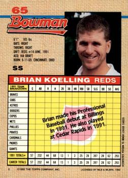 1992 Bowman #65 Brian Koelling Back