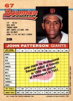 1992 Bowman #67 John Patterson Back