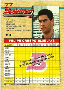 1992 Bowman #77 Felipe Crespo Back