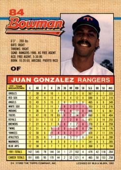 1992 Bowman #84 Juan Gonzalez Back
