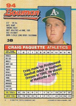 1992 Bowman #94 Craig Paquette Back
