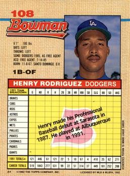 1992 Bowman #108 Henry Rodriguez Back
