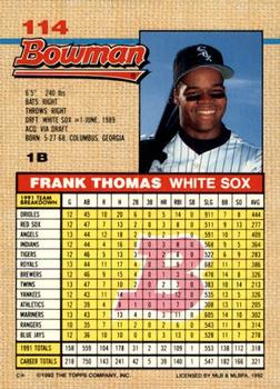 1992 Bowman #114 Frank Thomas Back