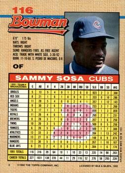 1992 Bowman #116 Sammy Sosa Back