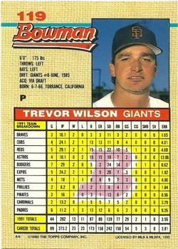 1992 Bowman #119 Trevor Wilson Back