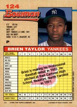 1992 Bowman #124 Brien Taylor Back