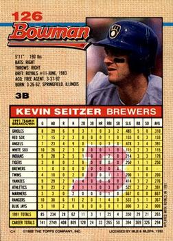 1992 Bowman #126 Kevin Seitzer Back