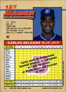 1992 Bowman #127 Carlos Delgado Back