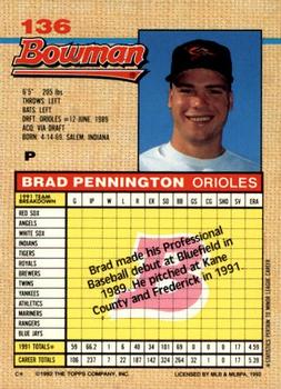 1992 Bowman #136 Brad Pennington Back