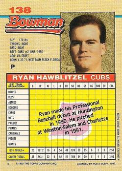 1992 Bowman #138 Ryan Hawblitzel Back