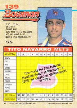 1992 Bowman #139 Tito Navarro Back