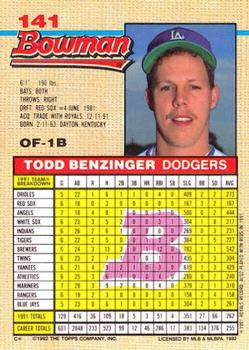 1992 Bowman #141 Todd Benzinger Back