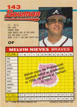 1992 Bowman #143 Melvin Nieves Back