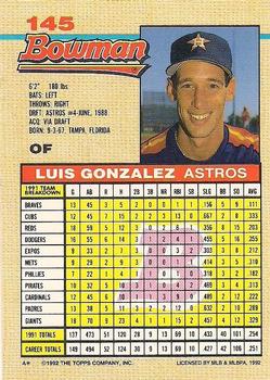 1992 Bowman #145 Luis Gonzalez Back