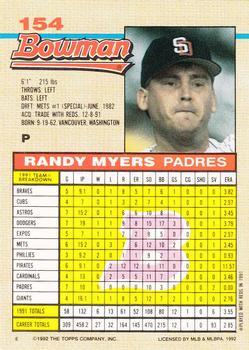 1992 Bowman #154 Randy Myers Back
