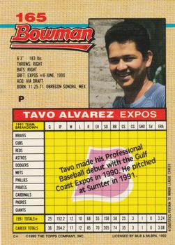 1992 Bowman #165 Tavo Alvarez Back