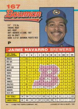 1992 Bowman #167 Jaime Navarro Back