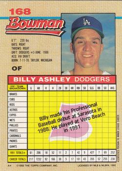 1992 Bowman #168 Billy Ashley Back